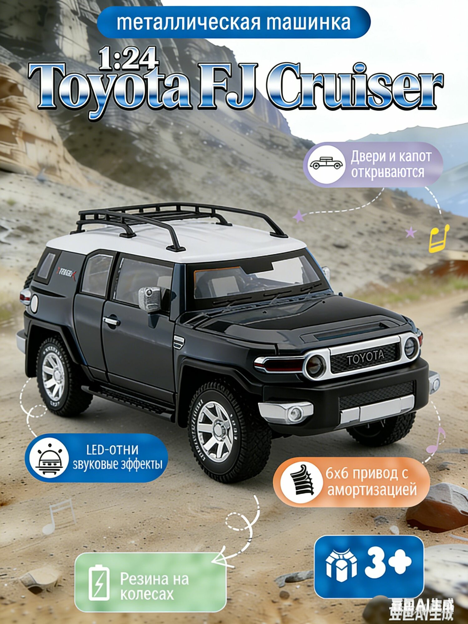 1:24 Модель Toyota FJ Cruiser из металла машинка со светом, звуком, инерцией, открываются двери (без коробки)