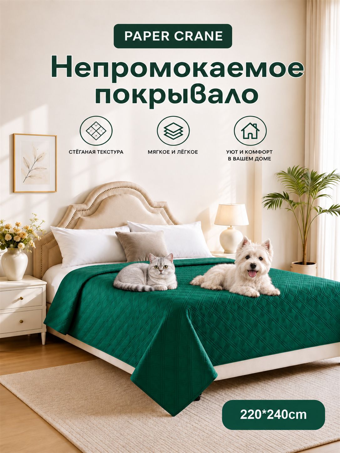 Покрывало 220x240 см полиэстер непромокаемый темно-зеленый