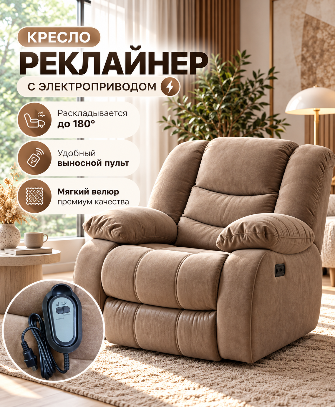 Кресло-реклайнер электрическое Монруж с электроприводом, раскладное до 180°, велюр, коричневое, для дома и салона красоты