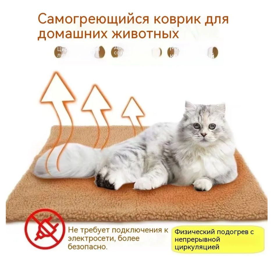 Лежанка с подогревом для кошек собак/ коврик самонагревающийся и нескользящий коврик для животных 60*45CM
