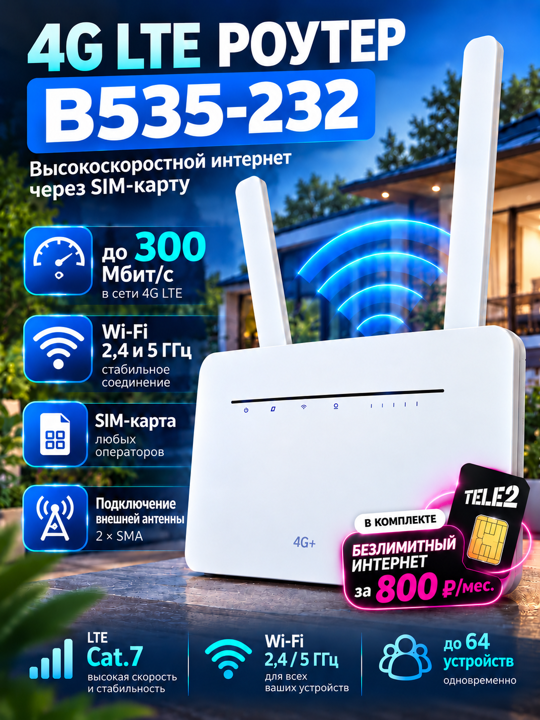 Роутер B535-232, 4G LTE Cat.7 с безлимитным интернетом Т за 800р