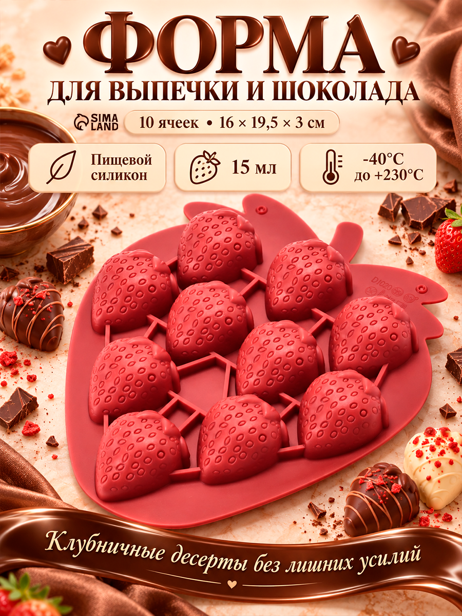 Форма для выпечки и шоколада «Клубника», 10 ячеек, 16×19.5×3 см, силикон, бордовая