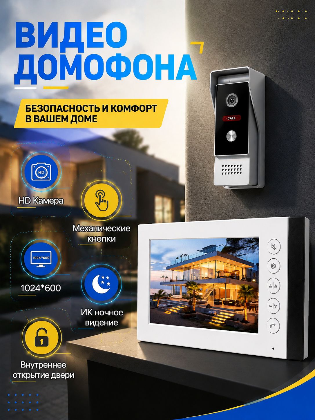 CDV Видеодомофон, 1024x600, 7', Проводное подключение, белый