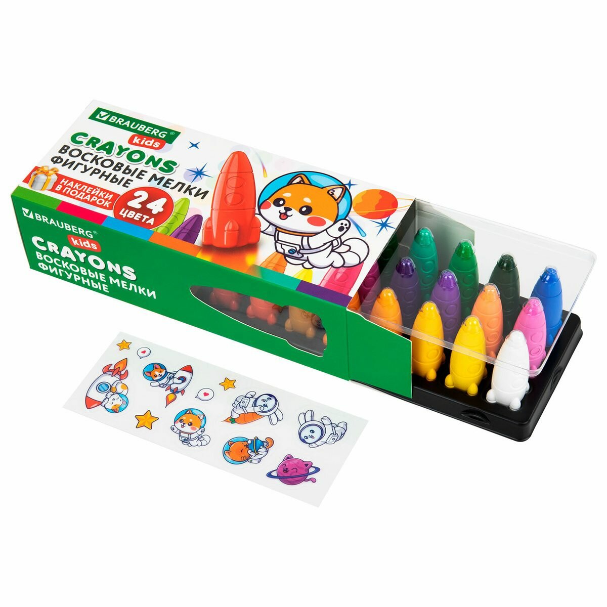 Мелки восковые 24 цвета Brauberg Kids "Ракета" (фигурные + наклейки) 24шт. (273083), 12 уп.
