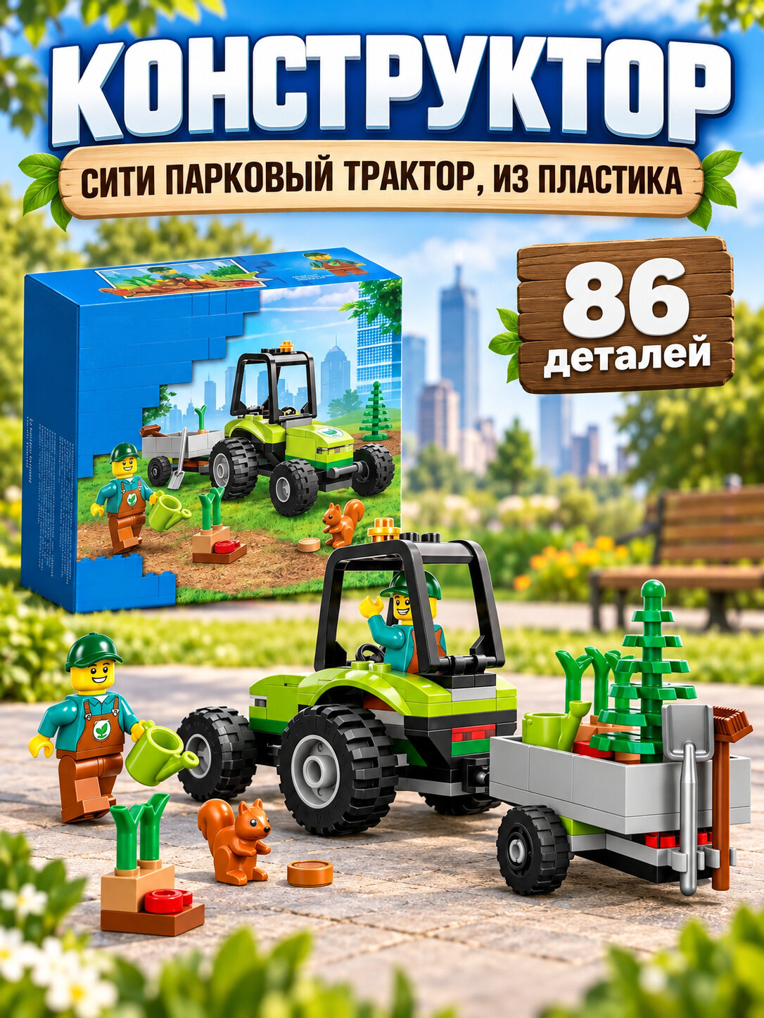 Конструктор классический Сити Парковый трактор 86 деталей, из пластика