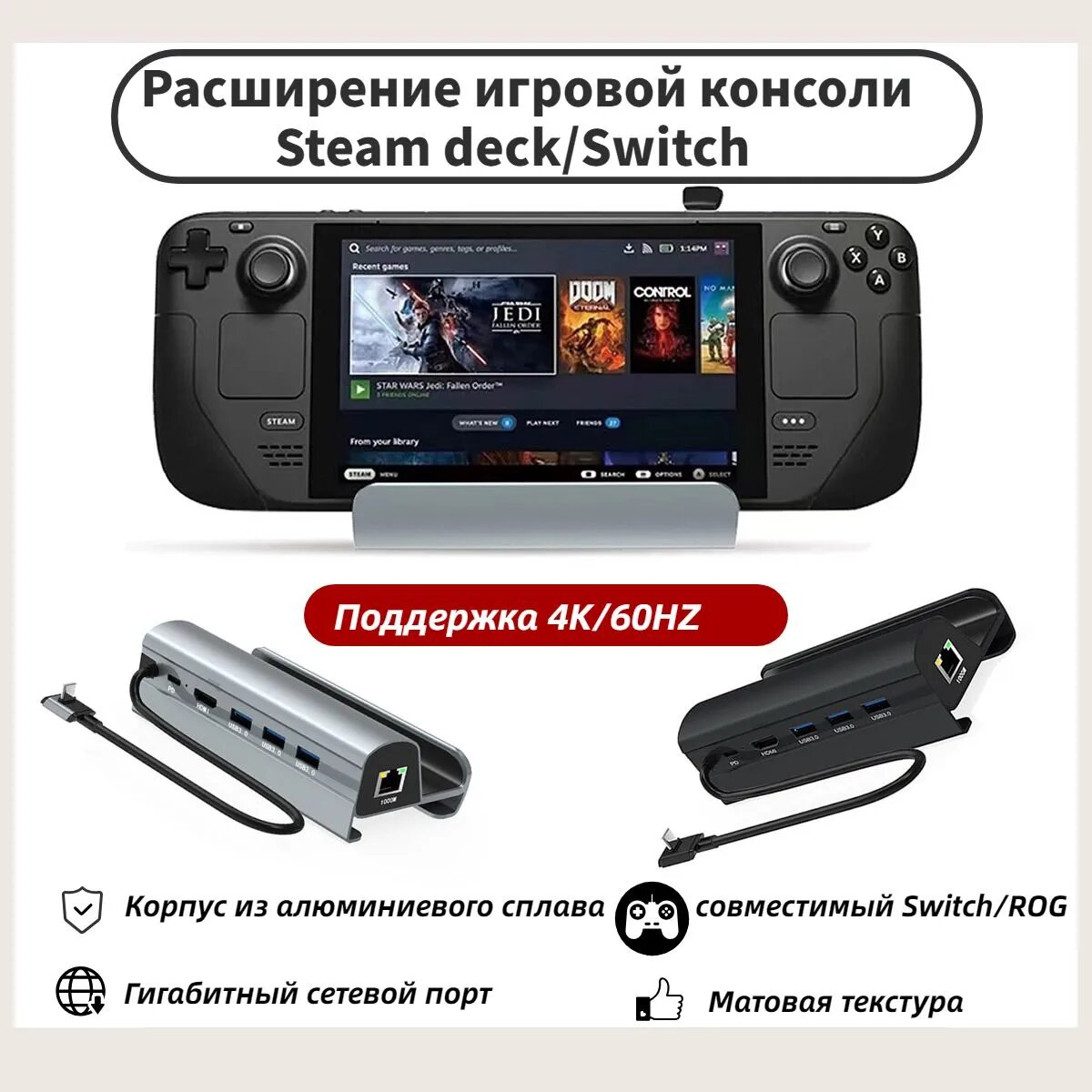 Док-станция с функцией зарядного устройства и подставки для консоли Steam Deck