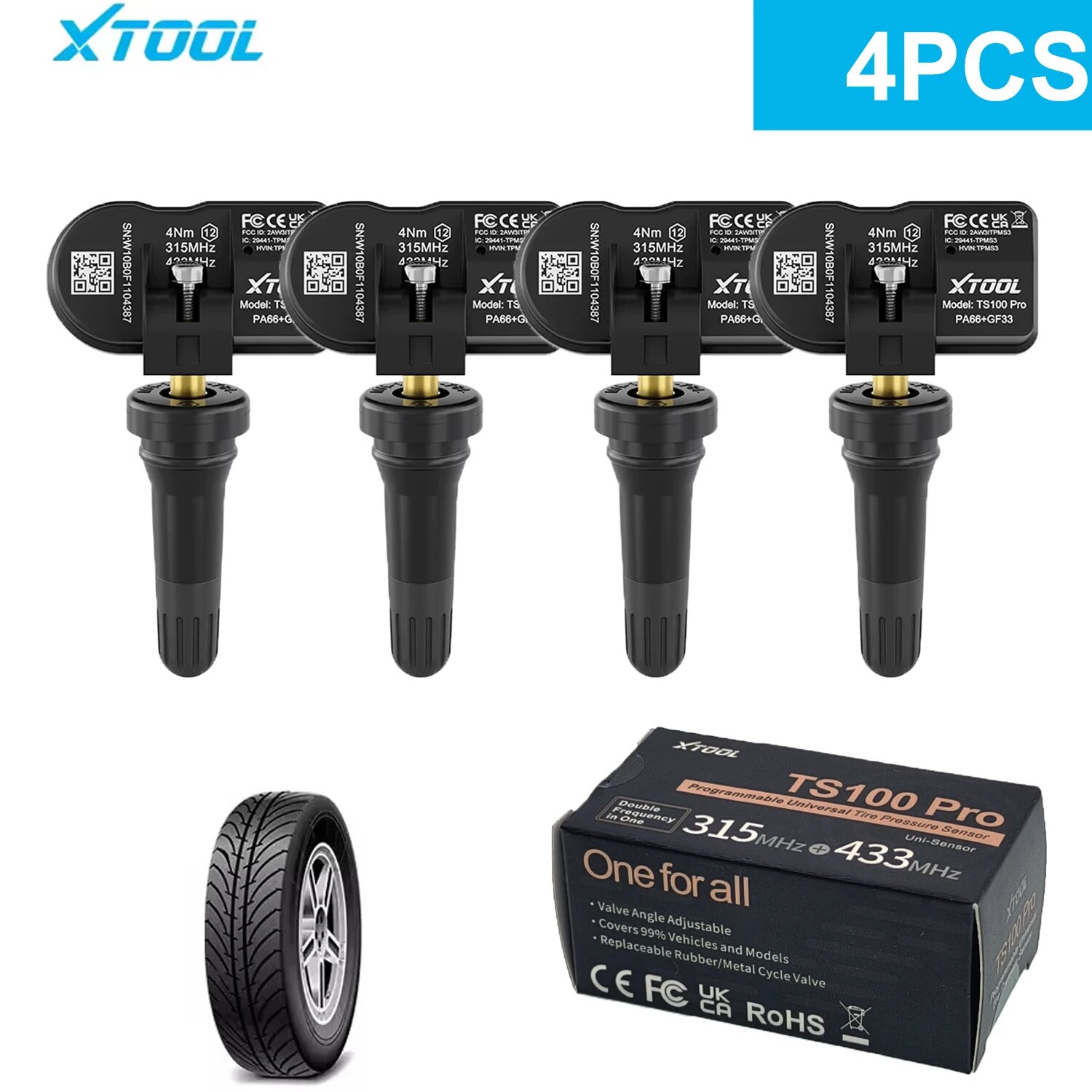 XTOOL TS100 PRO (TS100PRO) 315/433 МГц Резиновый датчик TPMS для контроля давления в шинах, инструмент для перепрограммирования, работает с XTOOL TP150, IP819T