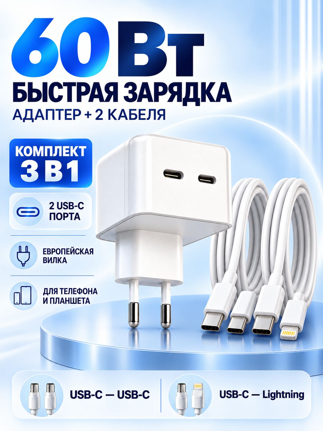 Зарядное устройство для телефона 60 Вт, комплект быстрой зарядки Type C с блоком питания USB, сетевой адаптер, 2 кабеля Type C и Lightning, быстрая зарядка для iPhone и Samsung