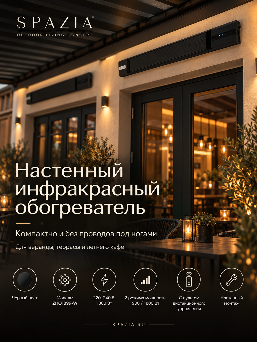 Настенный инфракрасный обогреватель Spazia Calore Linea 116 Nero, 1800 Вт, с пультом