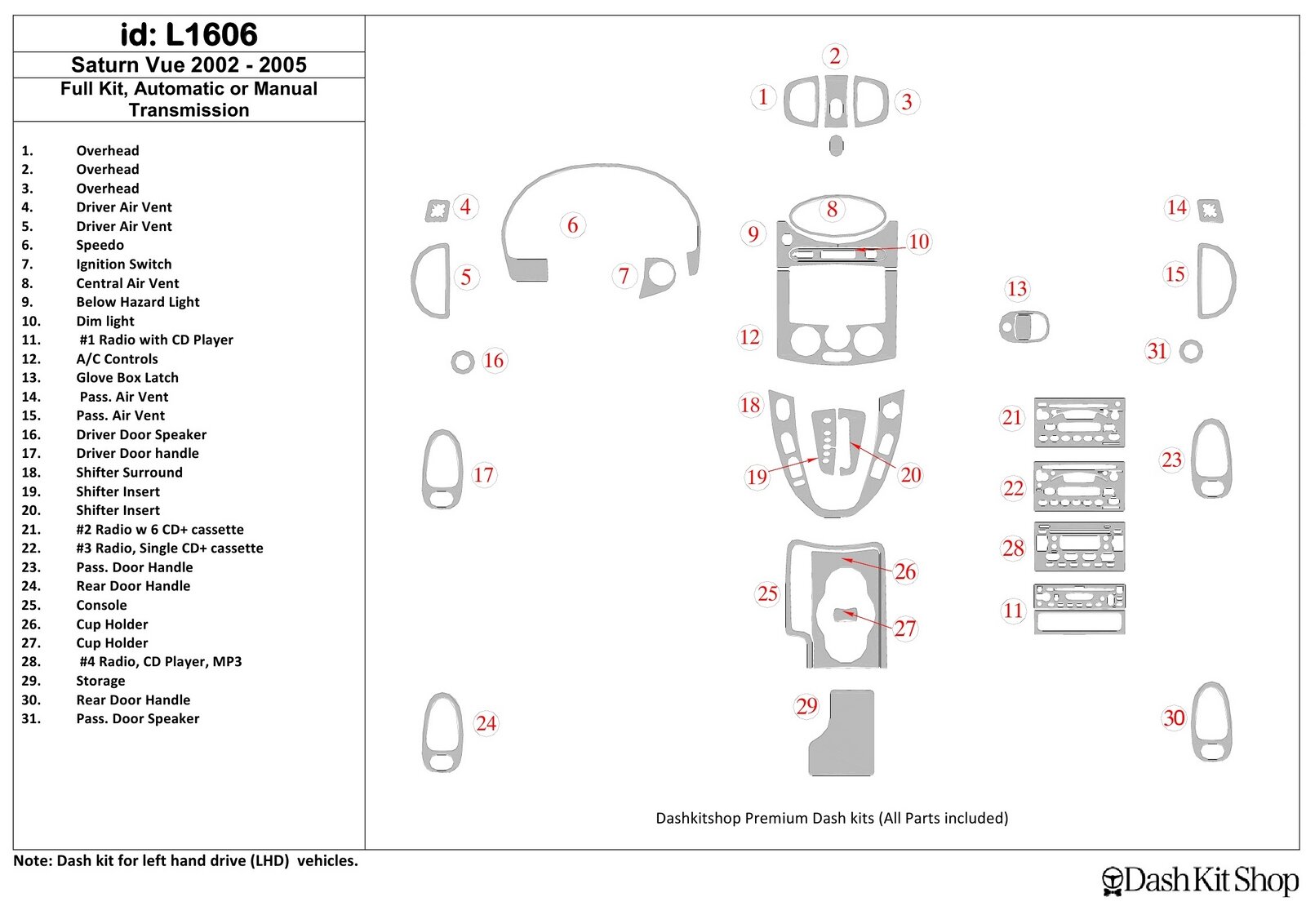 Декоративные накладки салона для Saturn VUE 2002-2005. Комплект L1606.