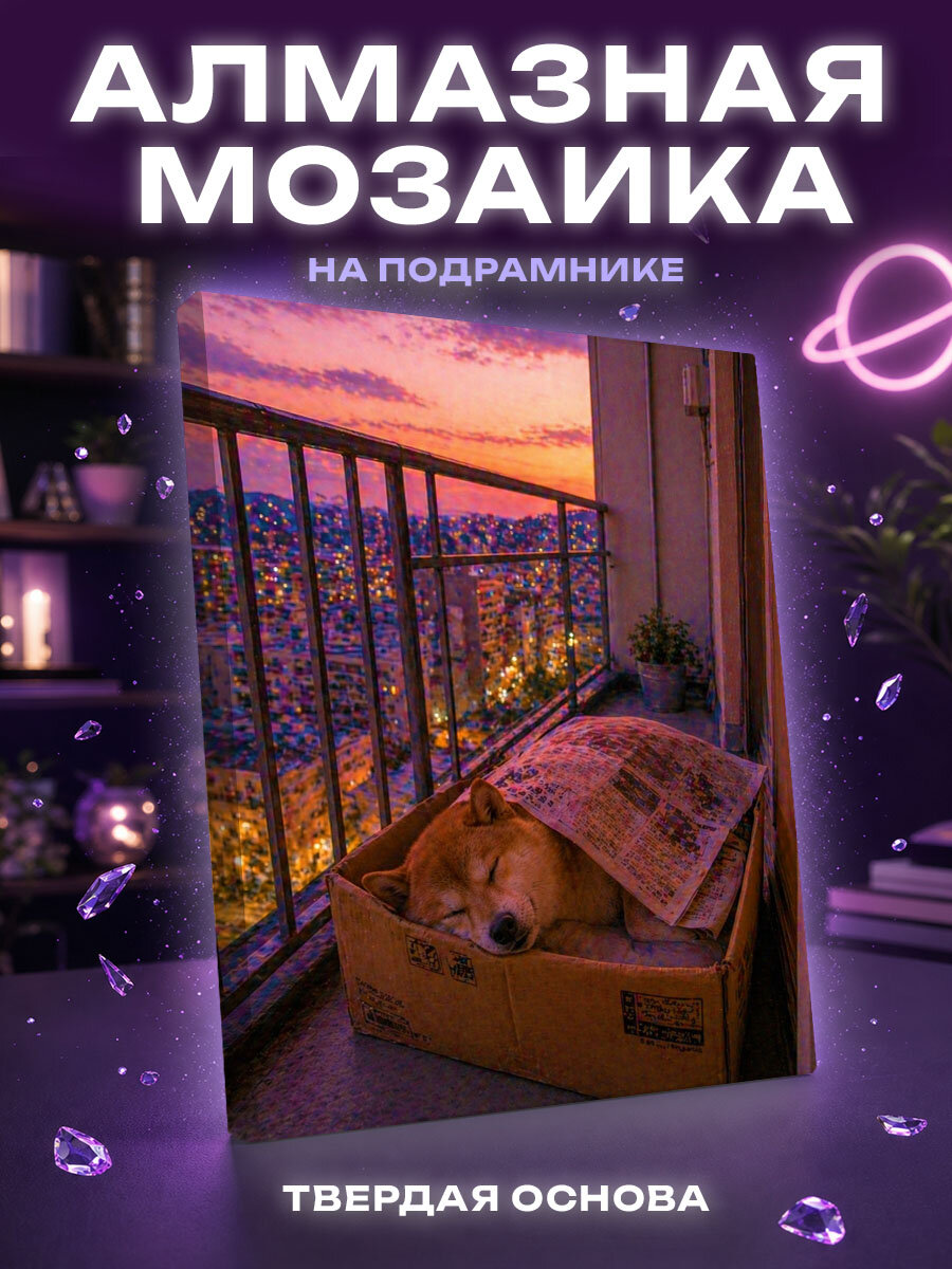 Алмазная мозаика Сиба-ину спит в коробке с газетой