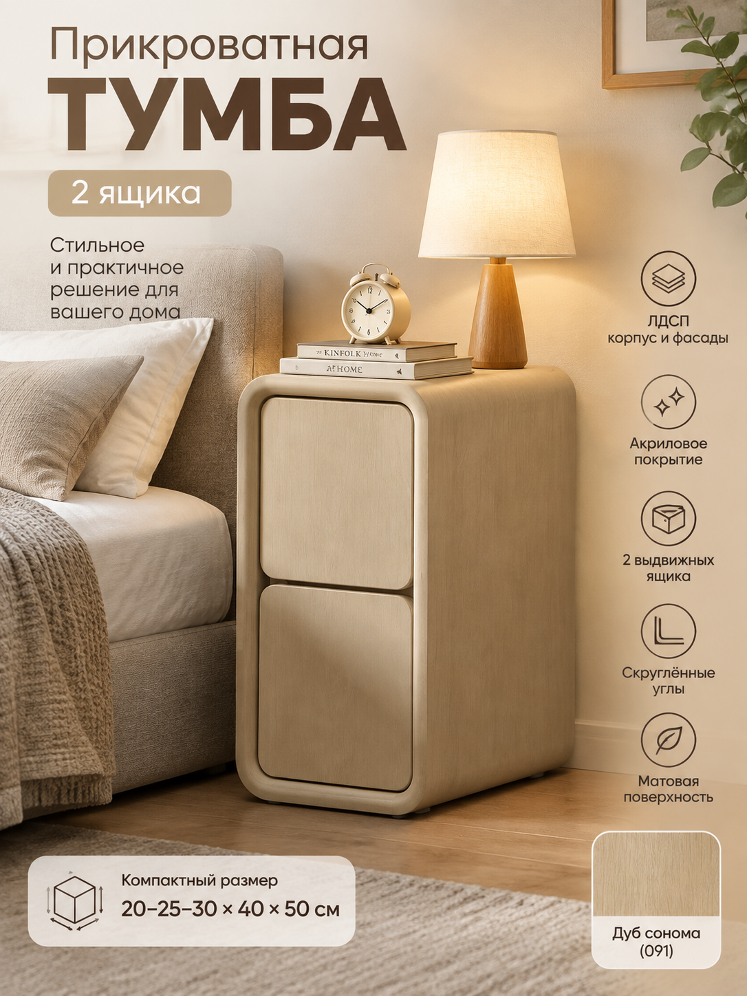 Прикроватная тумба, 2 ящика, дуб сонома, 20-25-30×40×50 см, для спальни и гостиной