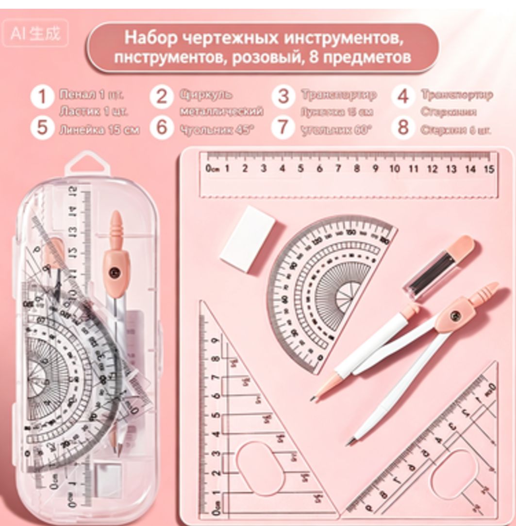 Набор чертежных инструментов 8 предметов, розовый циркуль, линейки, транспортир в пластиковом кейсе 8-вместимый набор циркуля и линейки