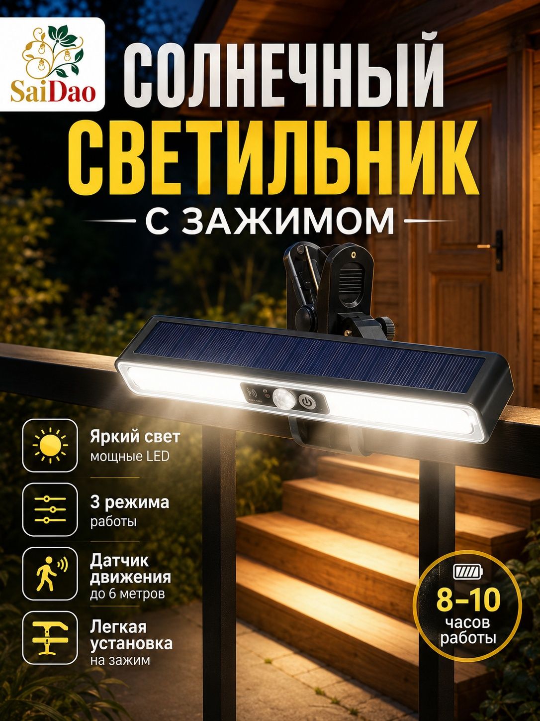 Светильник уличный на солнечной батарее с датчиком движения и зажимом, LED фонарь для дома, террасы и сада, 3 режима работы