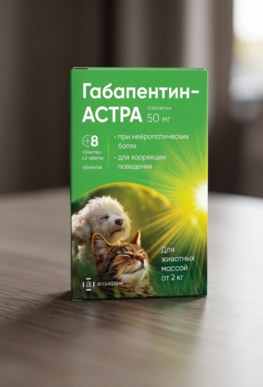 Седативный препарат габапентин-астра 50 мг для собак и кошек от 2 кг, 8 таблеток (4 блистера по 2 таблетки)