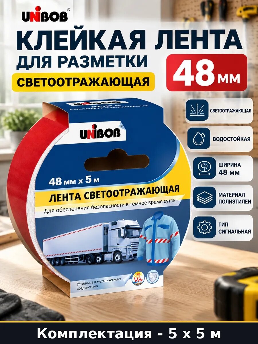 Скотч для разметки 48 мм светоотражающий красно белый 25 м