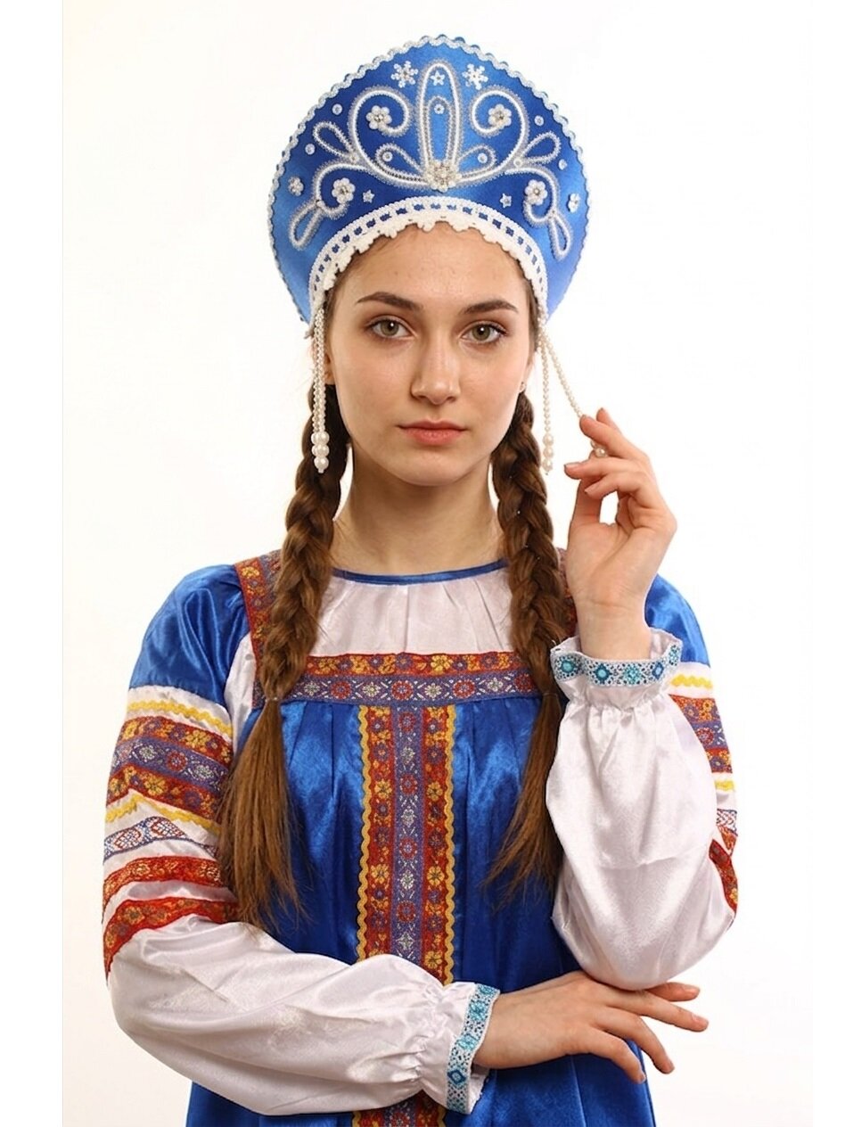 Кокошник Девичий синий в серебре для дополнения образа Царевны