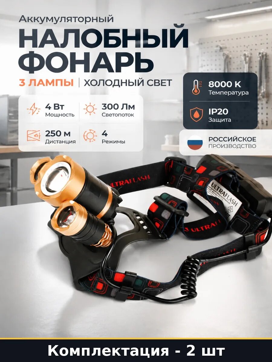 Набор 2 шт Фонарь налобный аккумуляторный 4Вт черный золотой