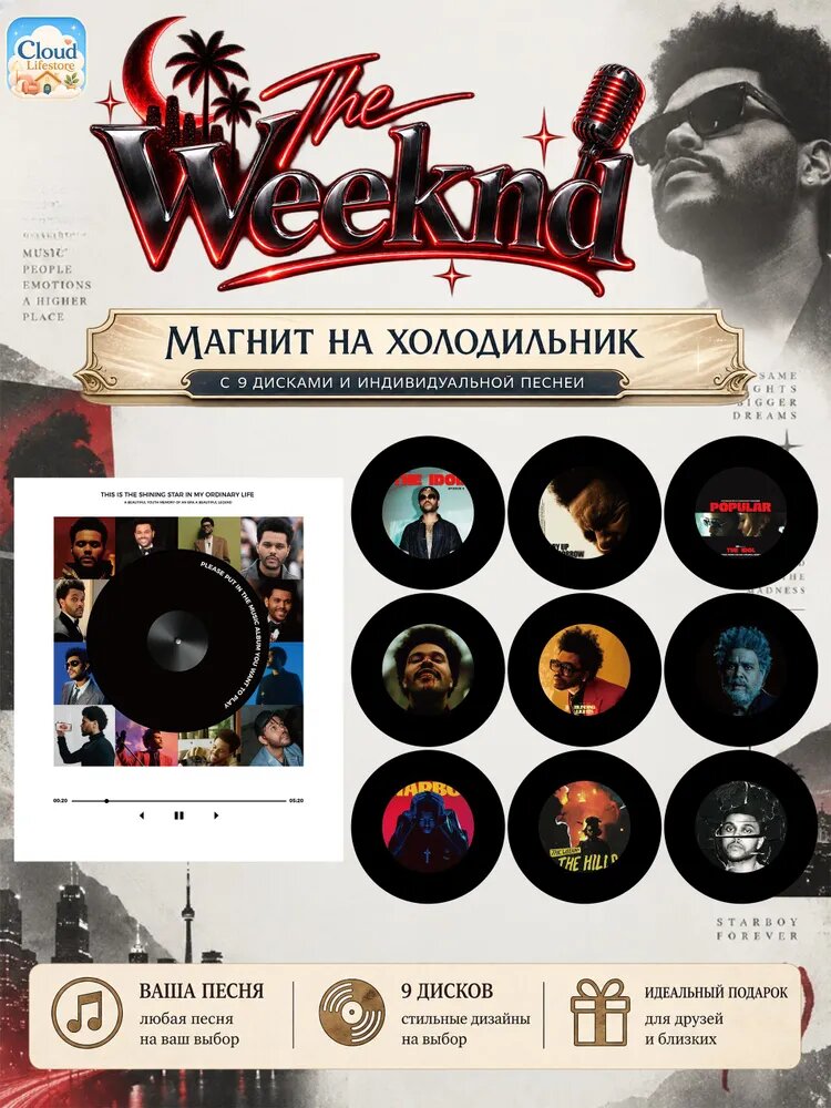 Магнит на холодильник с 9 дисками и индивидуальной песней The Weeknd/мини проигрыватель на холодильник