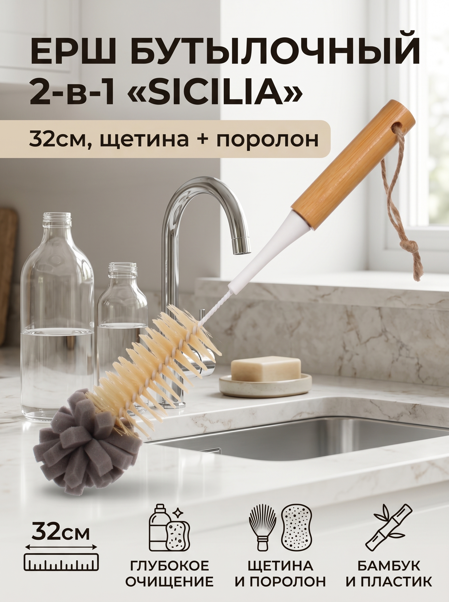 Ерш бутылочный с губкой «Sicilia» 32см, пластик/бамбук, для глубокого очищения бутылок