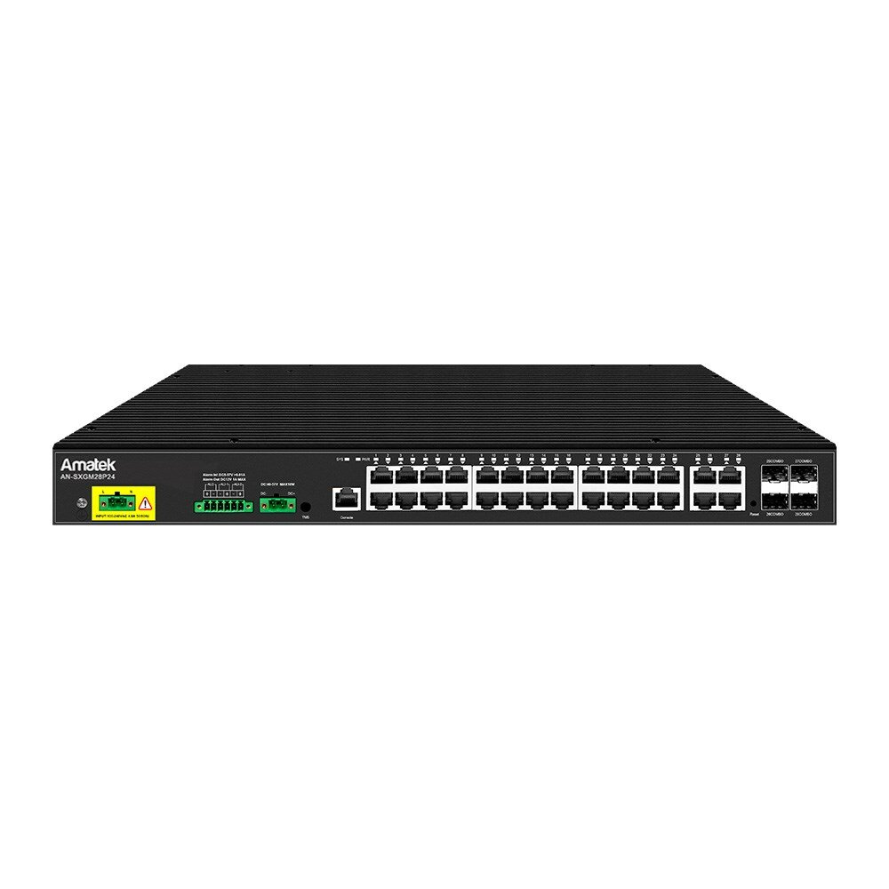Промышленный управляемый коммутатор PoE Amatek AN‑SXGM28P24, 28 портов L2+, 24× PoE (4× HiPoE 90 Вт), 4× Combo RJ45/SFP, бюджет PoE 450 Вт, в стойку 1U