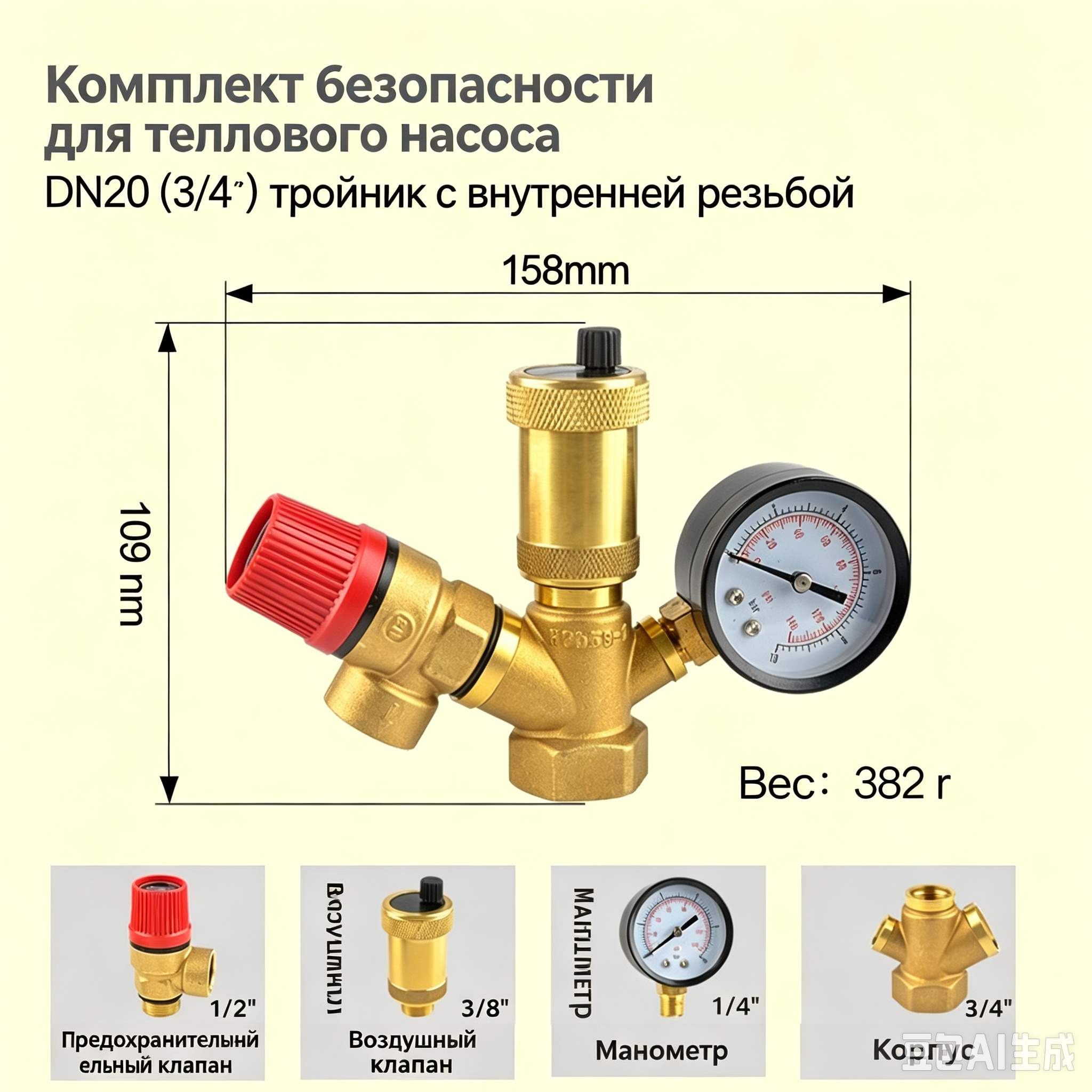 Комплект безопасности для теплового насоса DN20, тройник с внутренней резьбой 3/4"