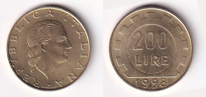 Италия 200 лир 1998 год