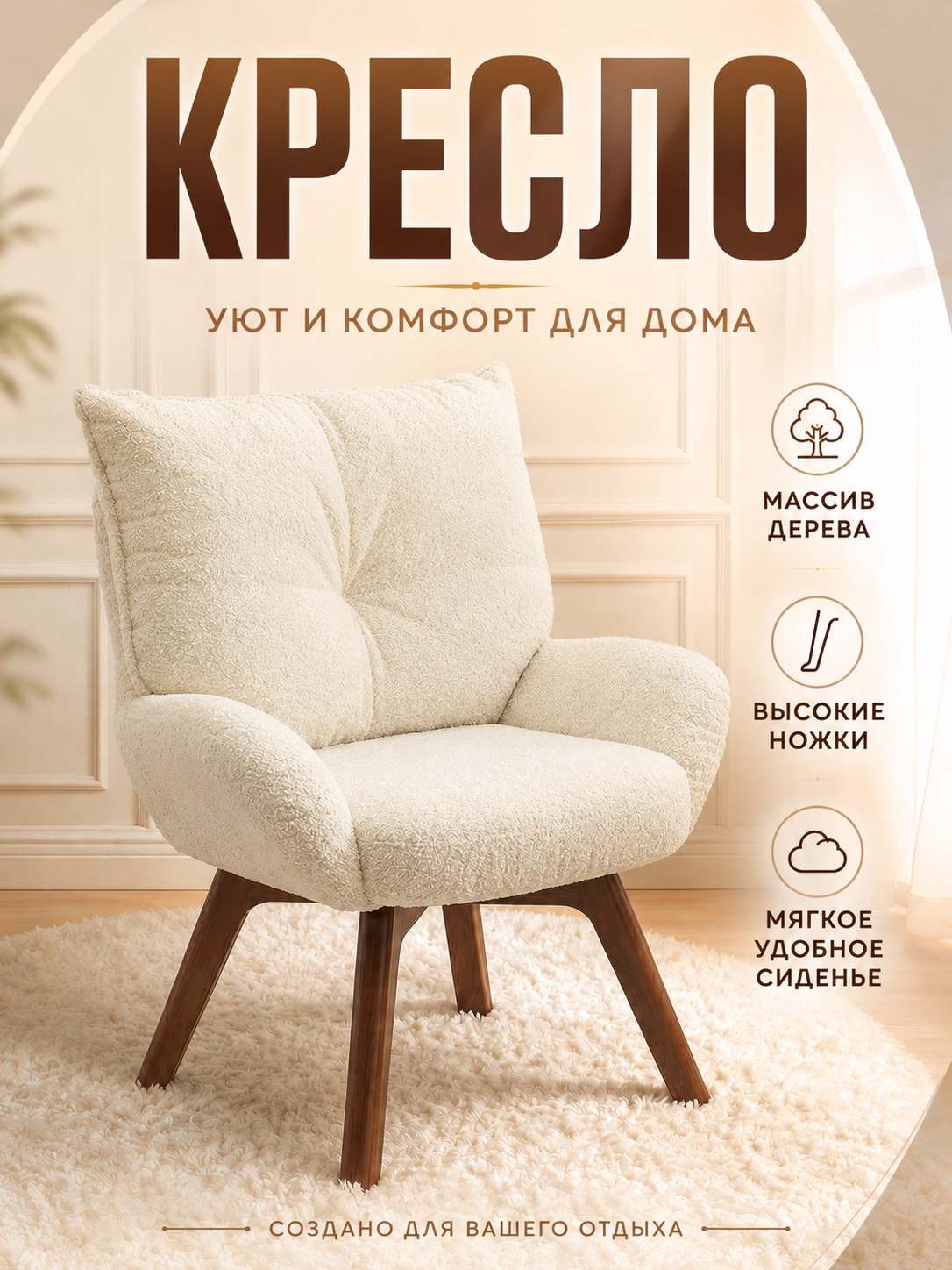 Кресло поворотное обитое текстилем, прочные деревянные ножки, комфортная спинка, подходит для отдыха, чтения и работы