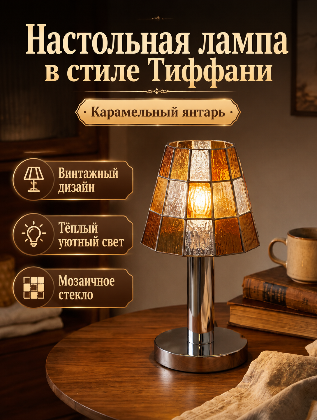 Настольная лампа в стиле Баухаус с витражным абажуром из янтарно-коричневого стекла, металлический каркас, ретро дизайн для спальни и гостиной, источн