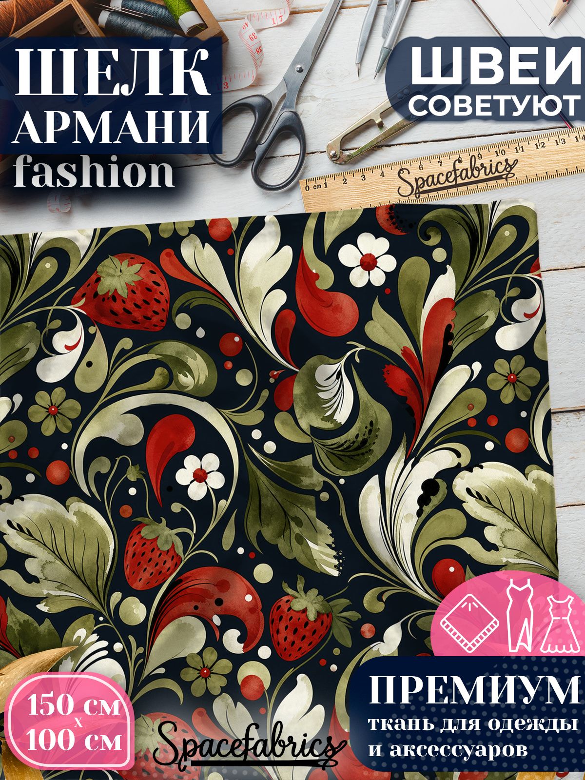 Ткань для шитья шелк Армани, искусственный атлас шелк для костюмов, платьев, юбок с принтом Ягоды