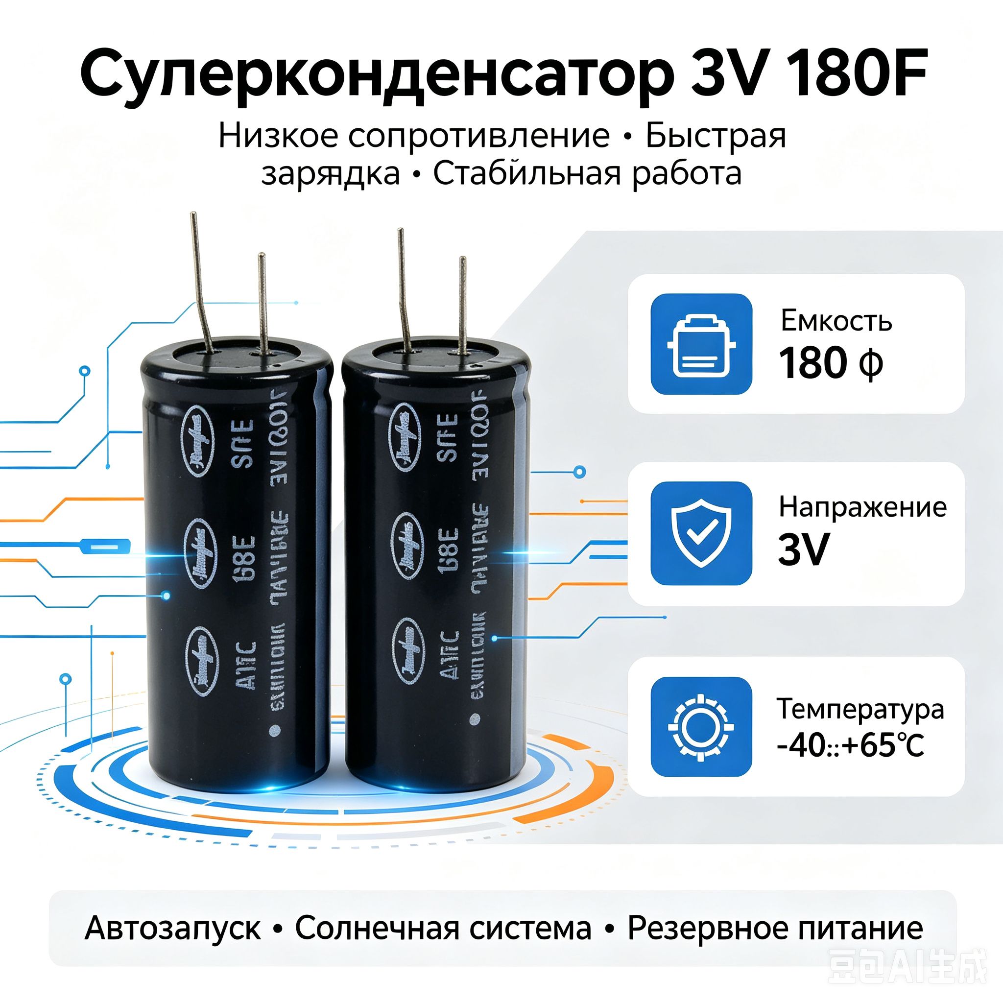 Суперконденсатор 3V 180F SRE, ультраконденсатор для автозапуска, солнечной энергетики, ИБП и резервного питания