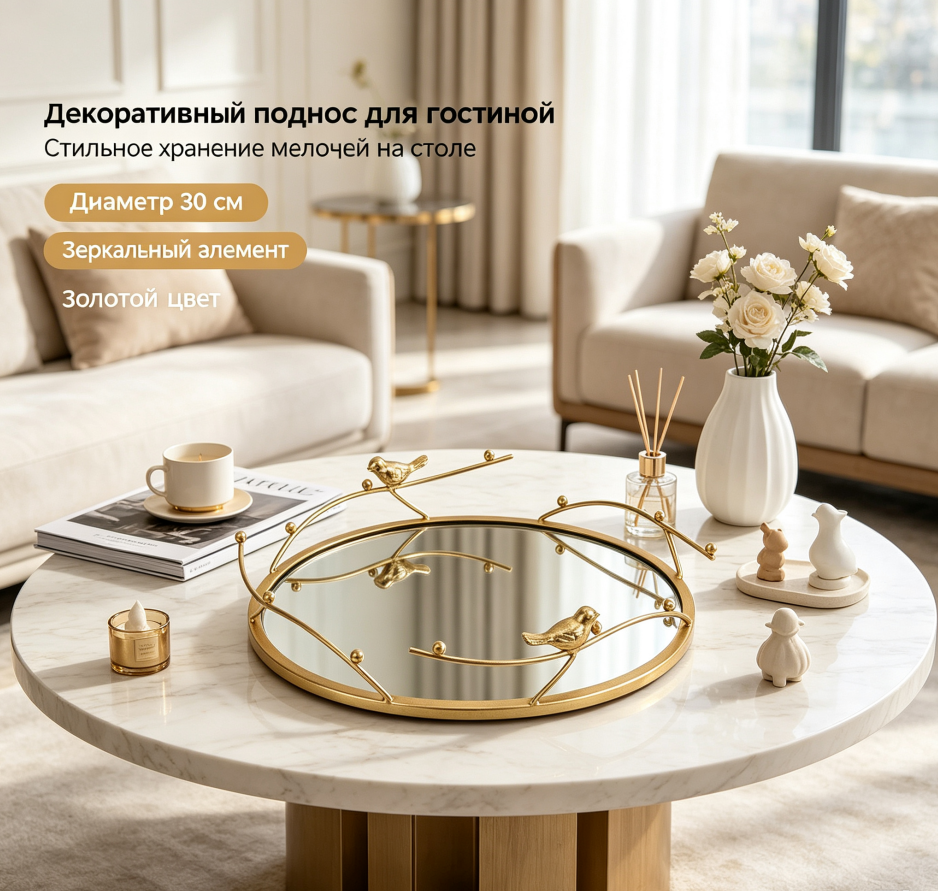 Роскошный металлический поднос с птицами и зеркальной поверхностью, круглый и квадратный варианты, органайзер для