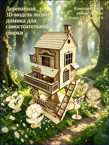 Деревянный 3D-пазл двухэтажного лесного домика, фигурки фей и цветов, сказочный декор ручной сборки