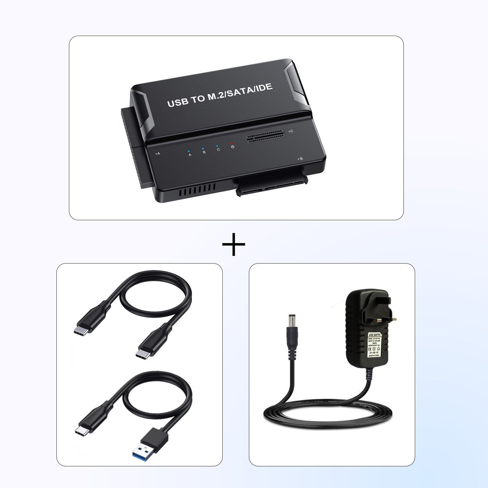 Адаптер M.2 NVMe SATA IDE на USB 3.2 Type-C для HDD SSD с вилкой UK и двойным кабелем