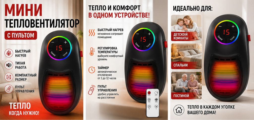 Мини тепловентилятор для рабочего стола, 600 Вт, с регулировкой температуры