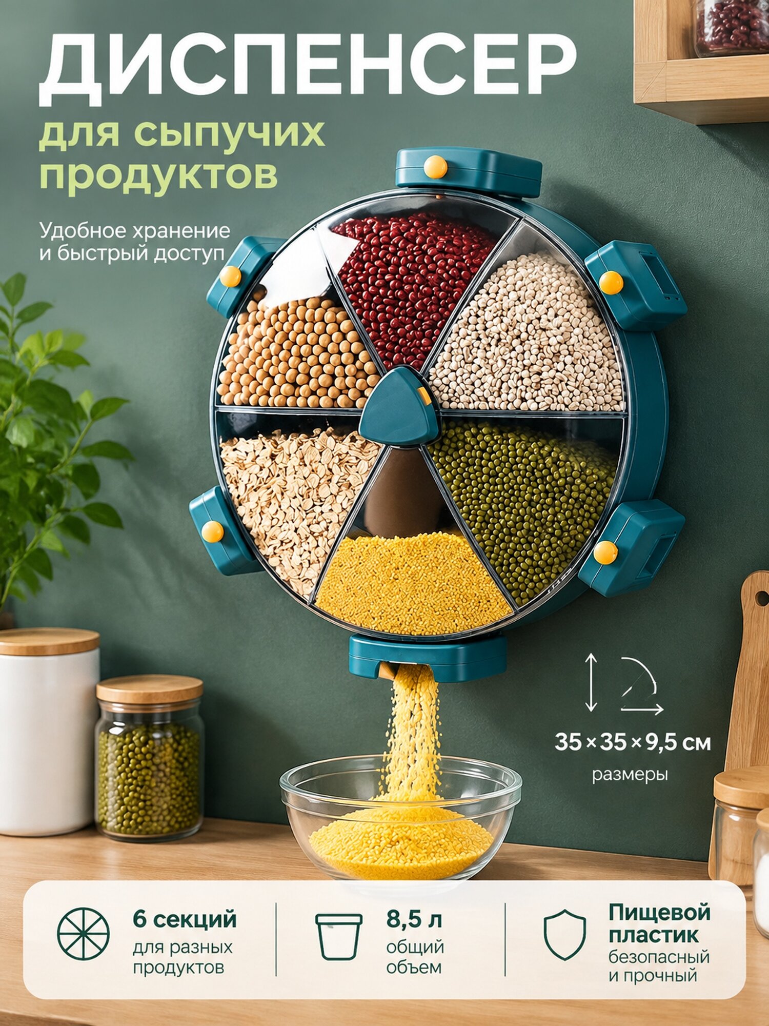 Настенный диспенсер для сыпучих продуктов, 6 секций, объем 8,5 л