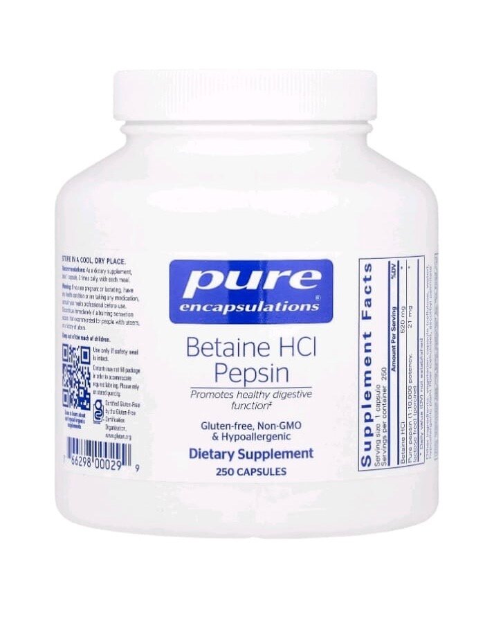 Pure Encapsulations, Бетаин HCI с пепсином, Betaine HCI Pepsin, 250 капсул