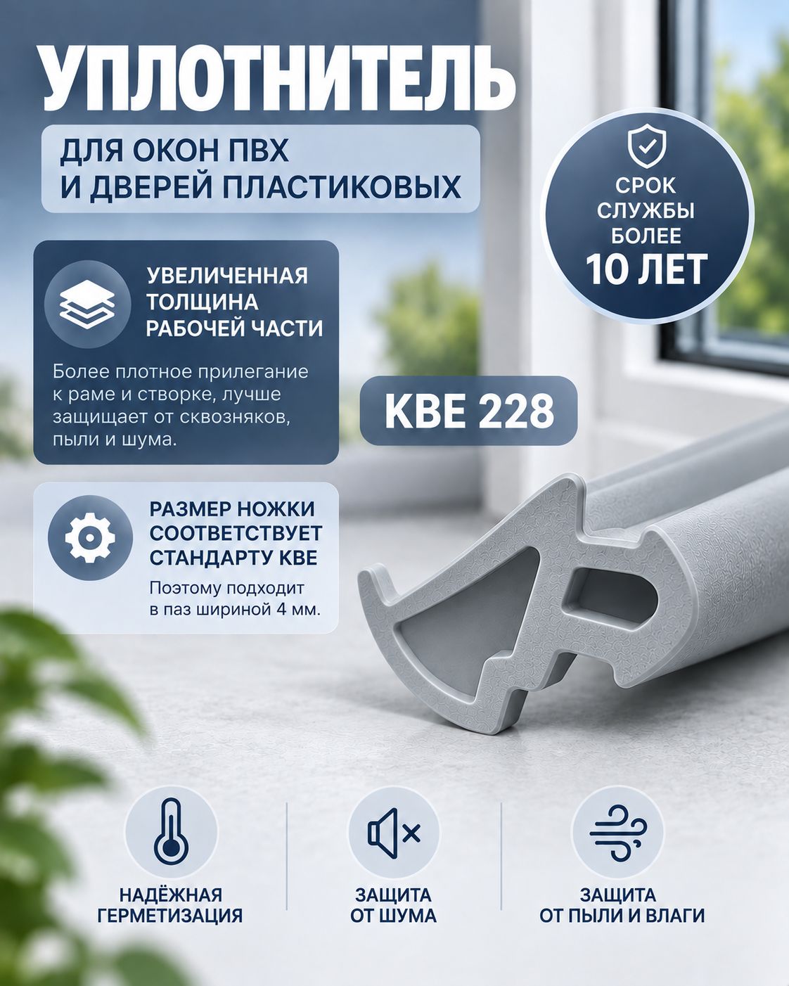Увеличенный уплотнитель для пластиковых окон ПВХ, KBE 228, 10 метров