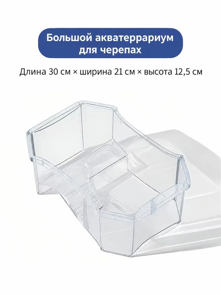 Акватеррариум для маленьких черепах 30 на 21 на 12,5 см, прозрачный, с зоной отдыха и кормушкой