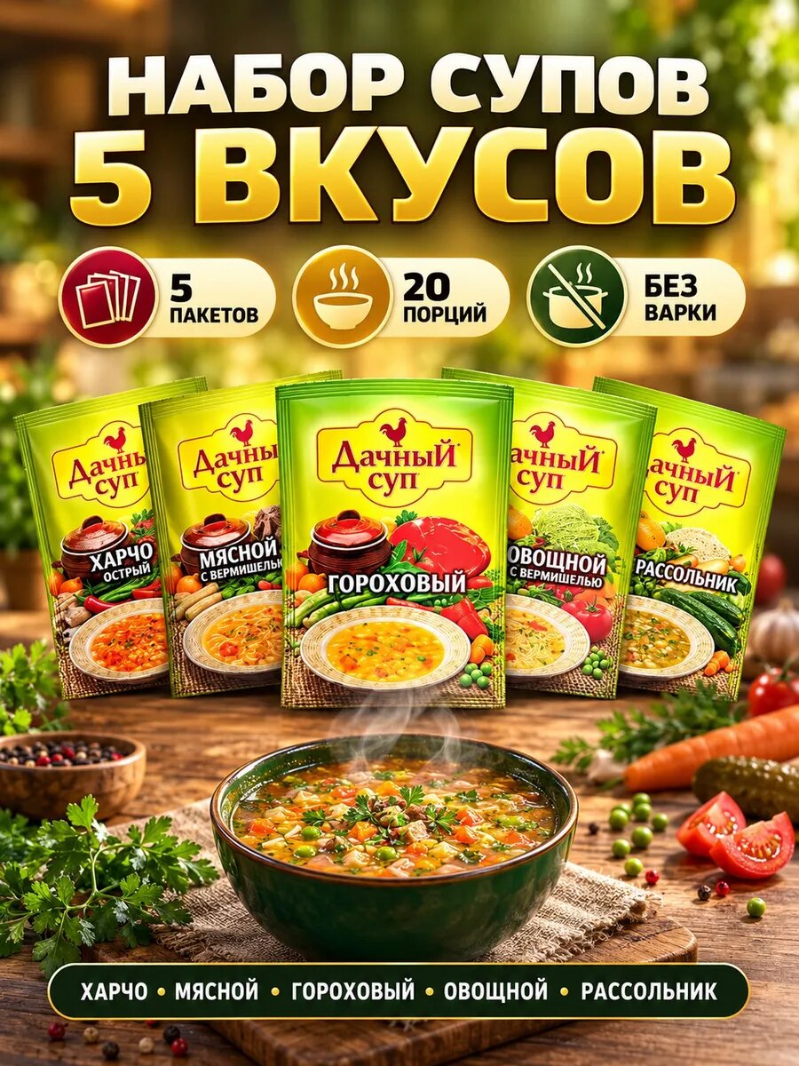 Набор супов 5 вкусов 300г харчо мясной гороховый овощной рас