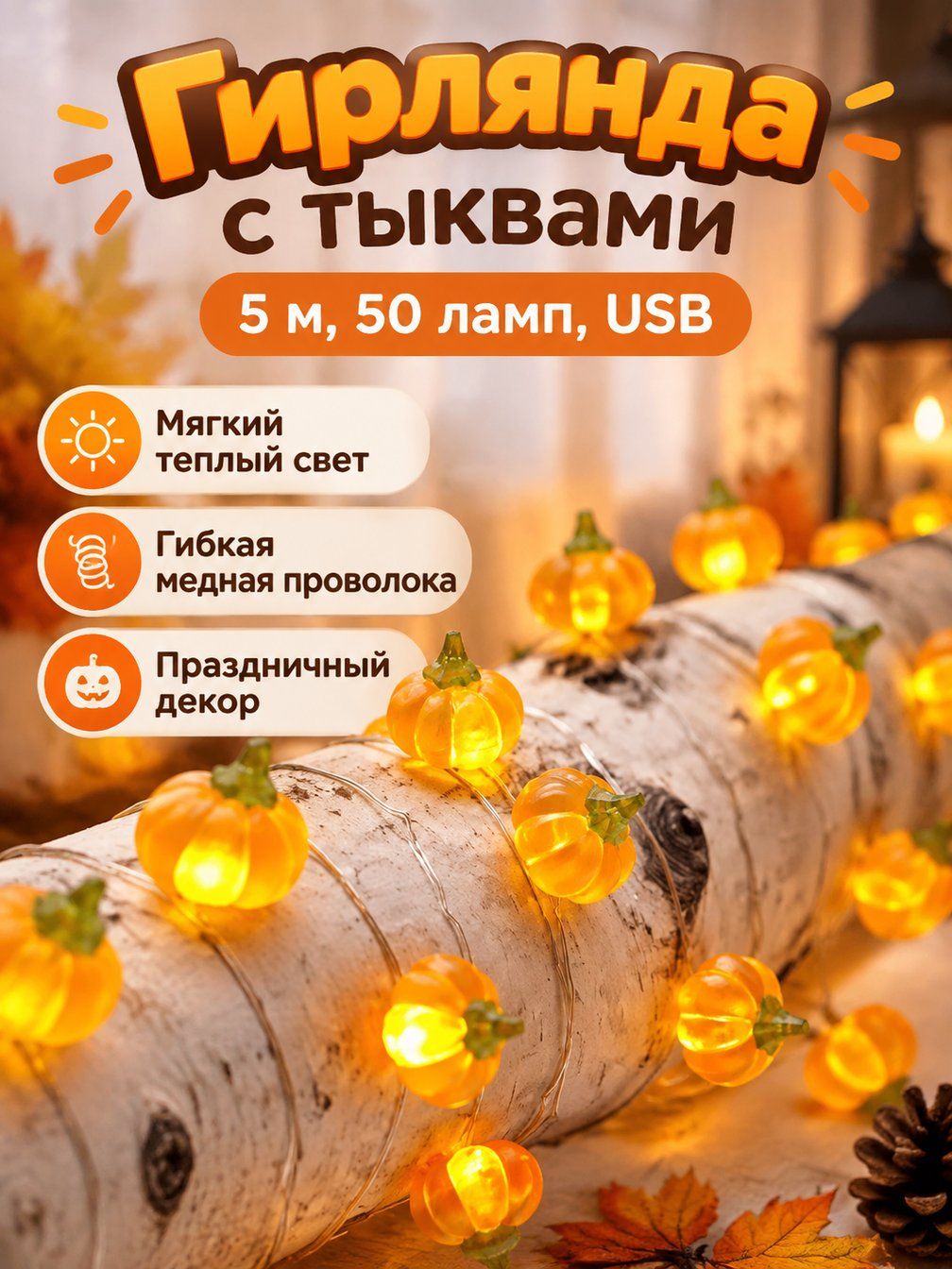 Гирлянда с тыквами 5м 50 ламп USB, светодиодная, декор на Хэллоуин