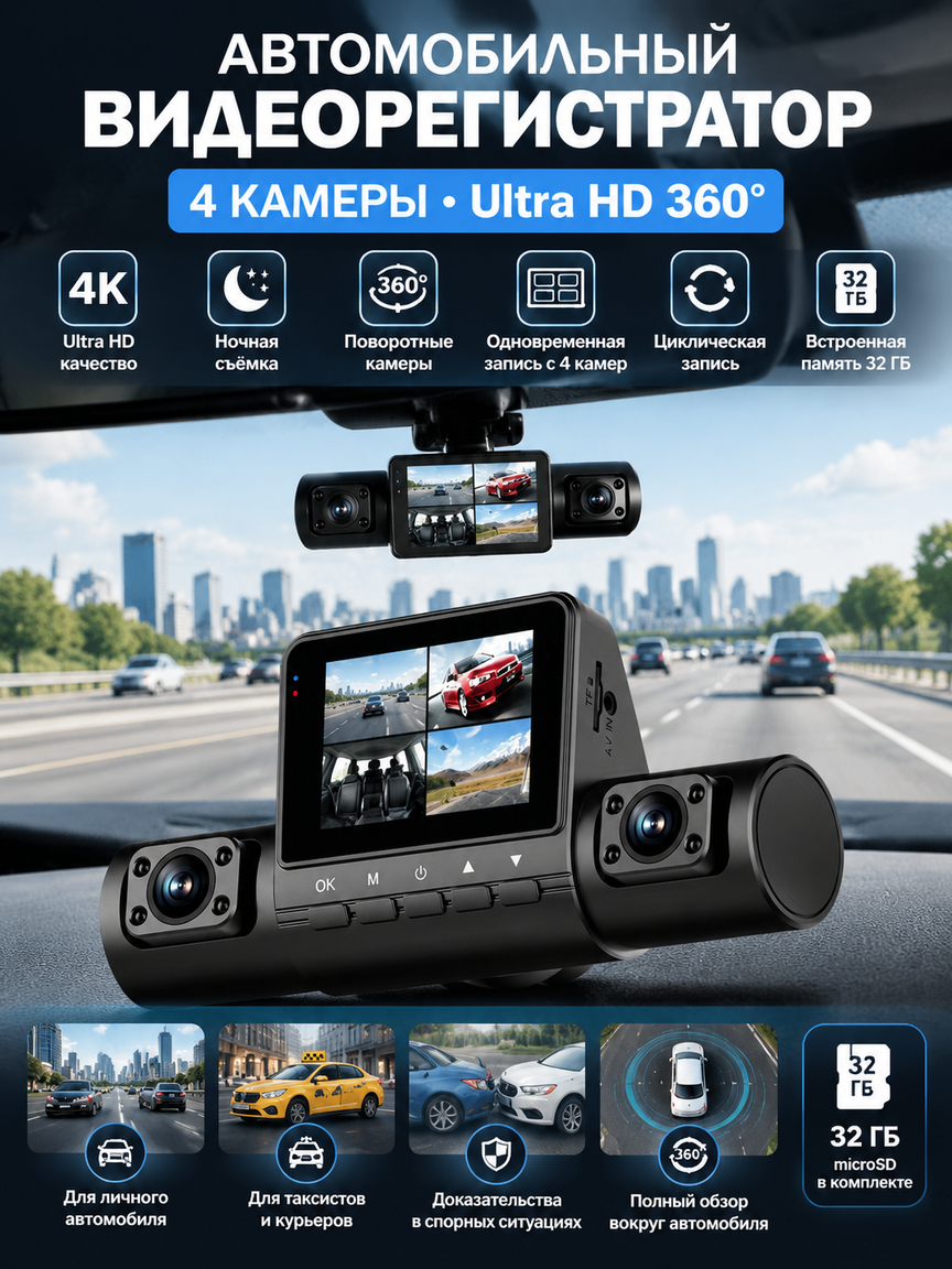 Автомобильный видеорегистратор 4 камеры Ultra HD 360°, ночная съёмка, экран и запись, 32 ГБ