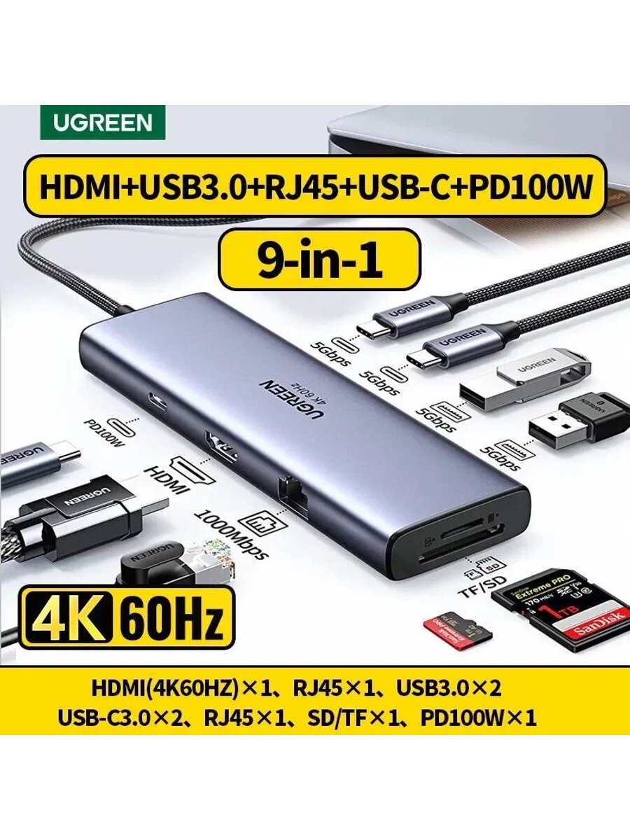 USB-Концентратор UGREEN 9-in-1 (15375), 4K(60HZ) HDMI, RJ45, USB3.0, USB-C 5Gbps, SD, TF, PD 100W Hub