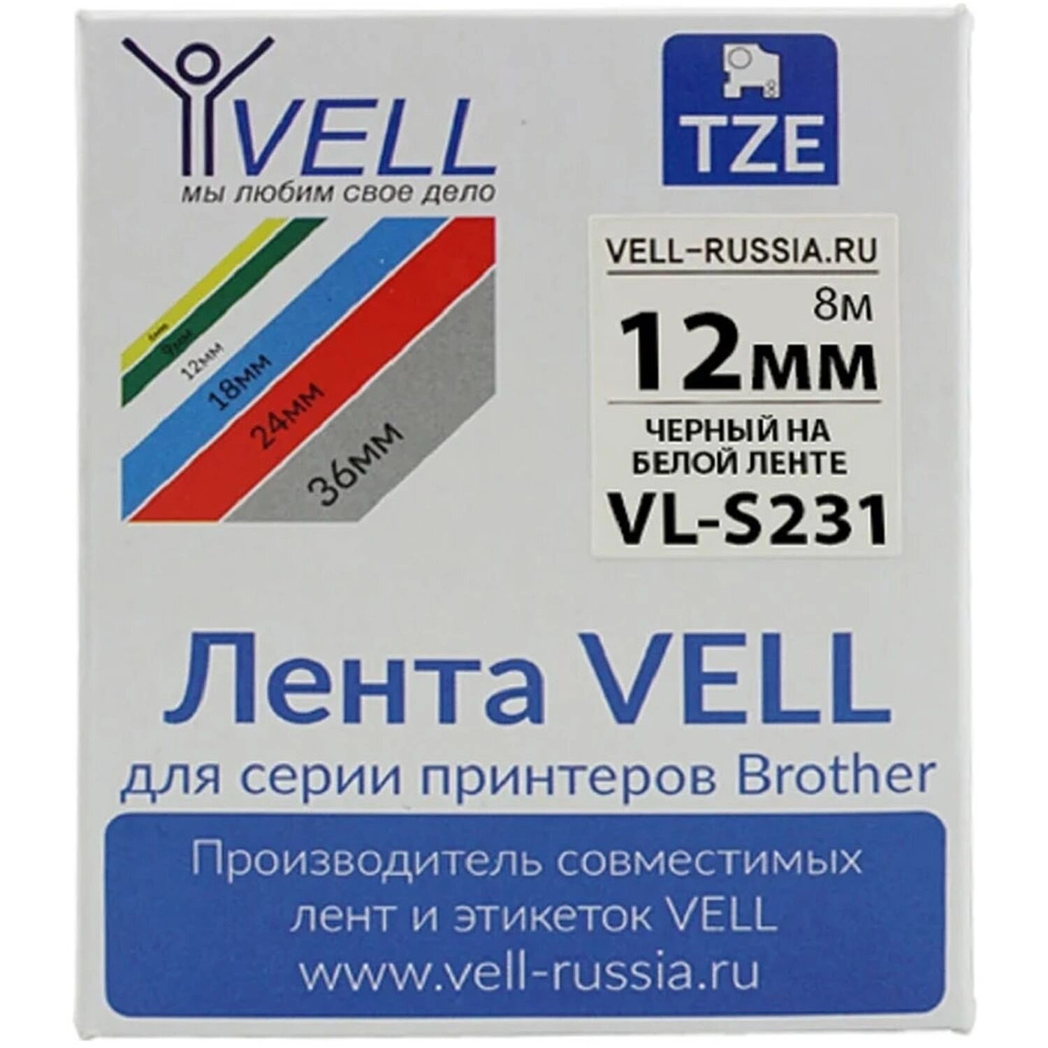 Vell Картридж Vell для принтера этикеток 12 мм х 8 м цвет белый шрифт чёрный