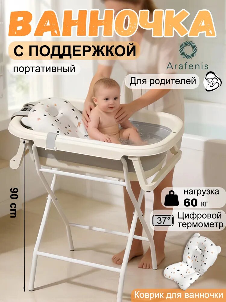 Складная детская ванночка и подставка с матрасом в комплекте, выдерживает до 60 кг, со встроенным термометром