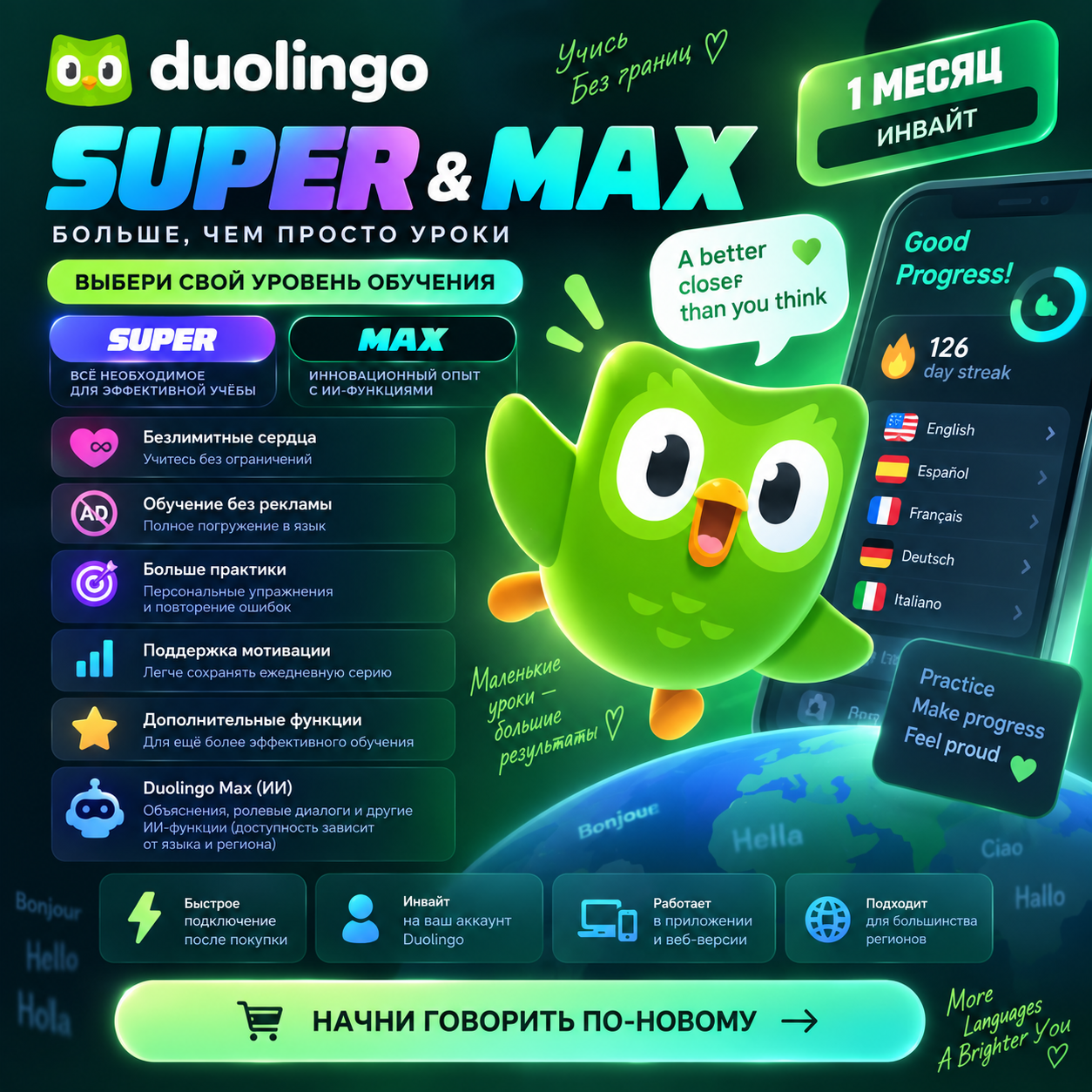 Duolingo Super / Max — 1 месяц | Инвайт Активация: на вашем аккаунте Duolingo