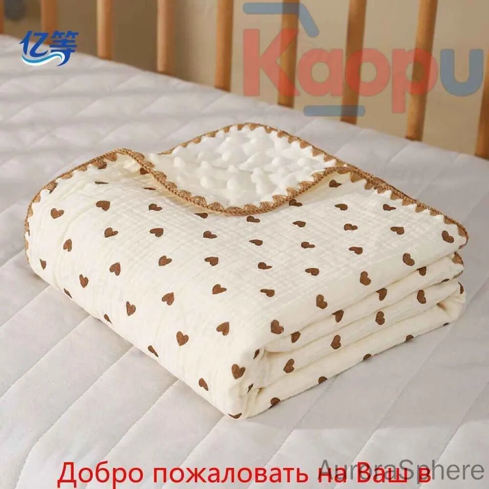 Плед 100x100 см хлопок двусторонний, плюшевый сердечки светло-бежевый