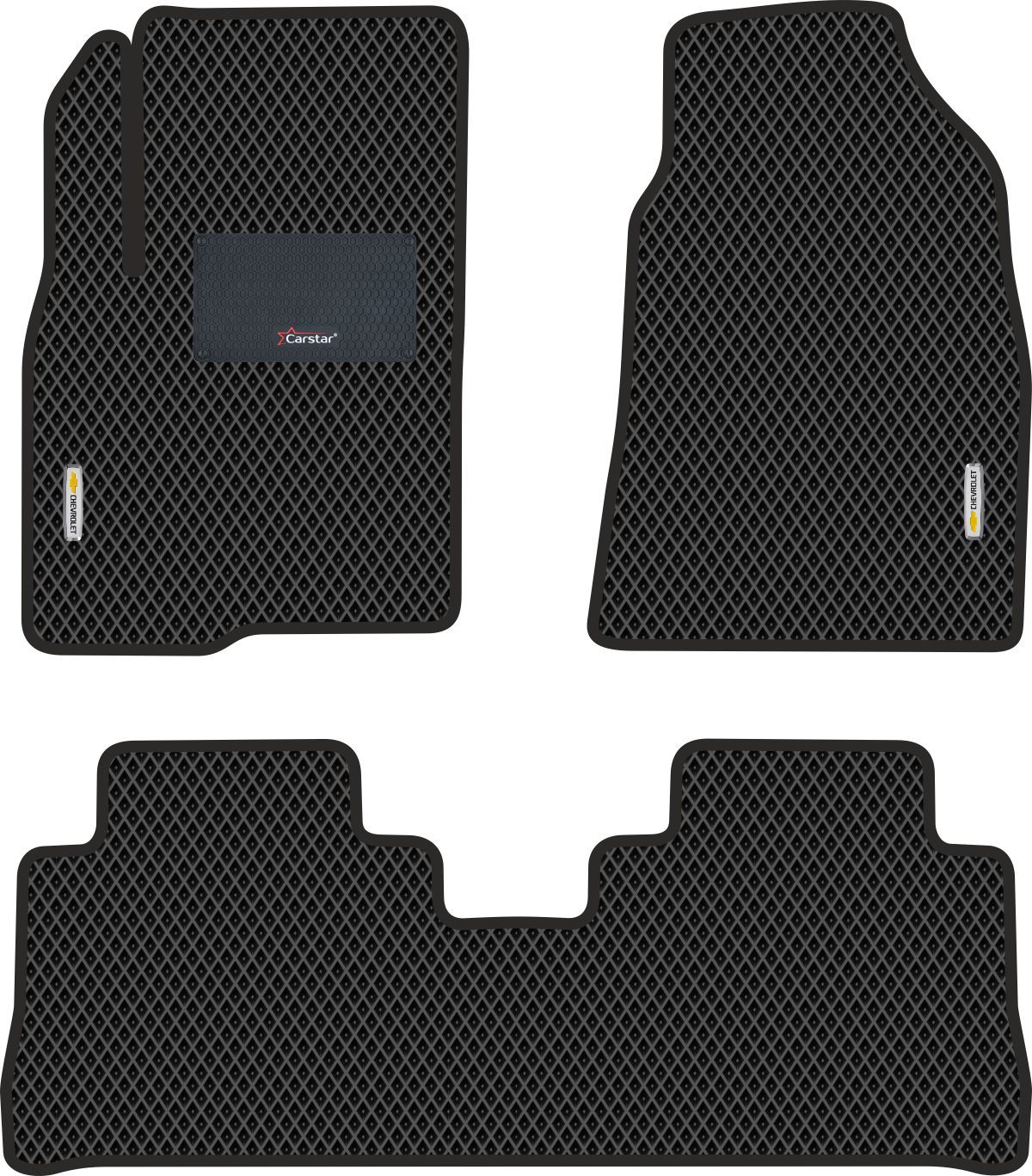 Автомобильные коврики EVA для Chevrolet Captiva рестайл (2011-2016), с каучуковым подпятником и 2 эмблемами Chevrolet, чёрные с чёрным кантом, ячейка - ромб