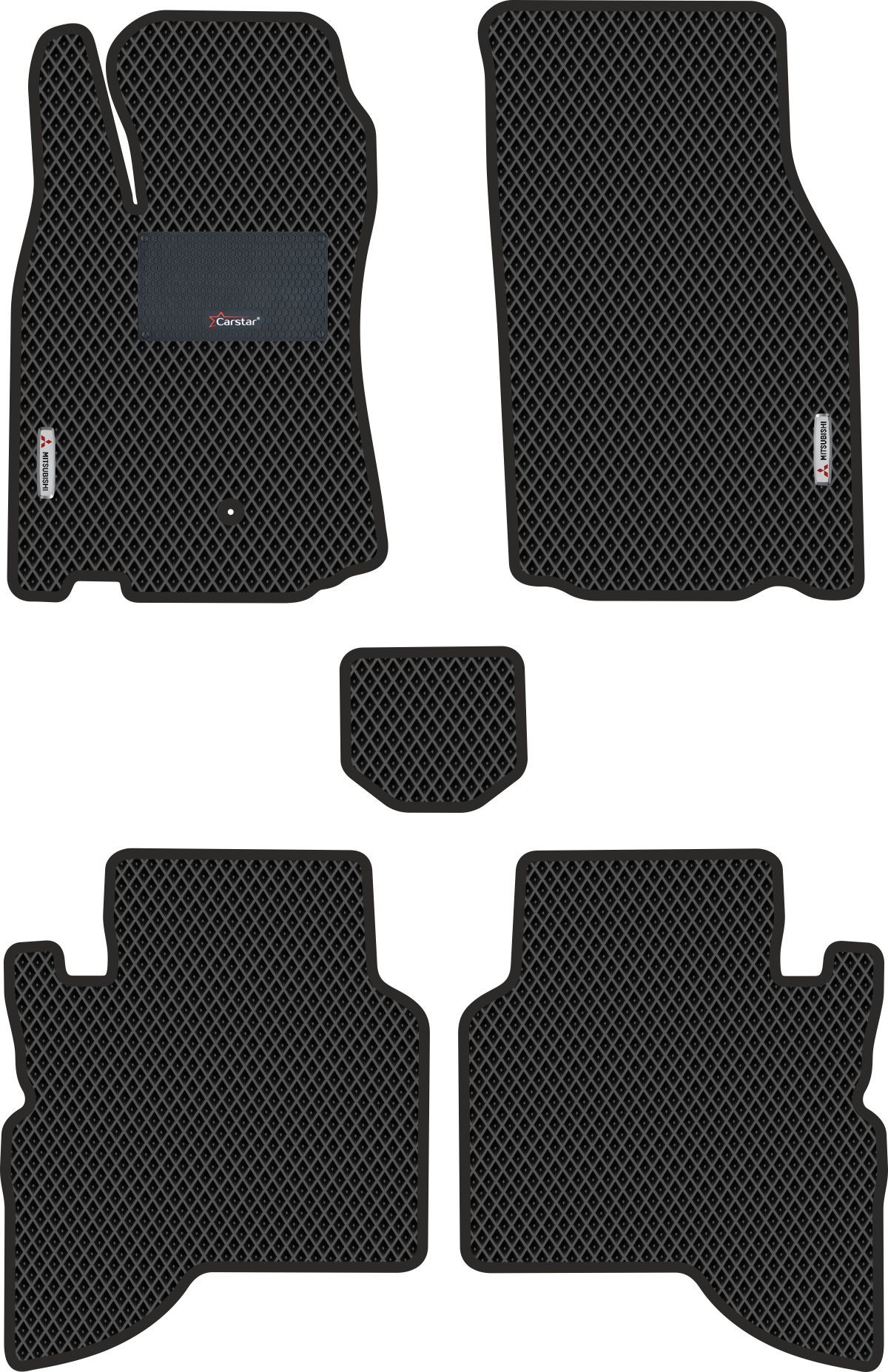 Автомобильные коврики EVA для Mitsubishi Montero Sport I (1998-2008), с каучуковым подпятником и 2 эмблемами Mitsubishi, чёрные с чёрным кантом, ячейка - ромб