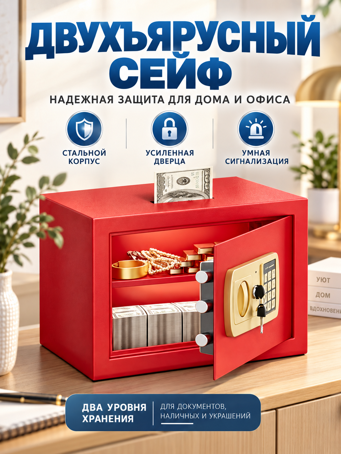 Сейф двухъярусный для дома и офиса, электронный сейф с сигнализацией для хранения наличных, украшений и бумаг